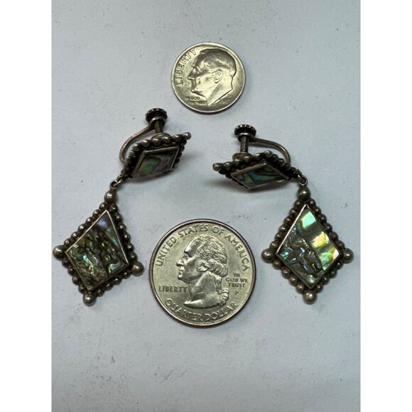 Estate Sterling Silver 925 Abalone Inlay Dangle Earrings Screw Back 8.7g - Picture 6 of 8